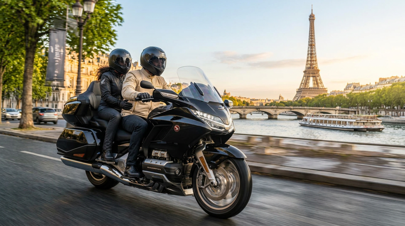TAXI MOTO VIP avec passager sur les quais de Seine, Tour Eiffel