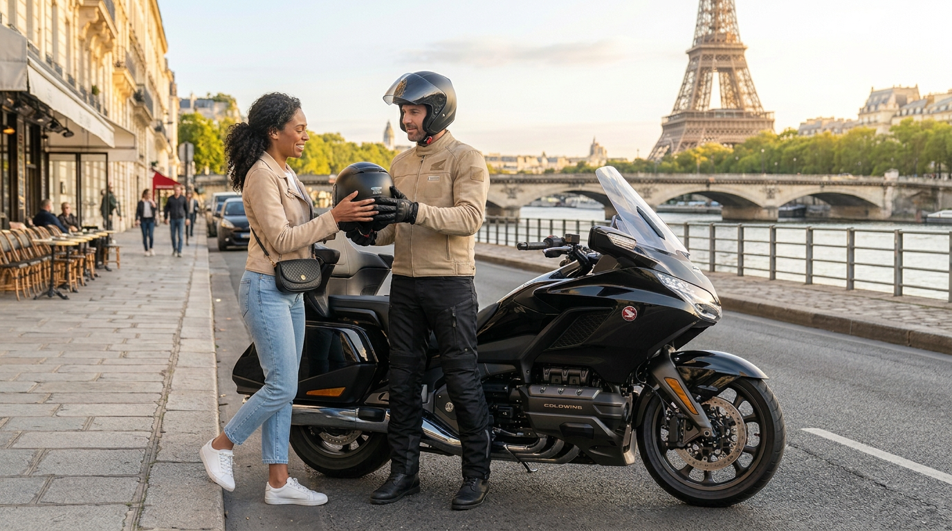 Le pilote remet un casque à sa passagère dans une rue de Paris